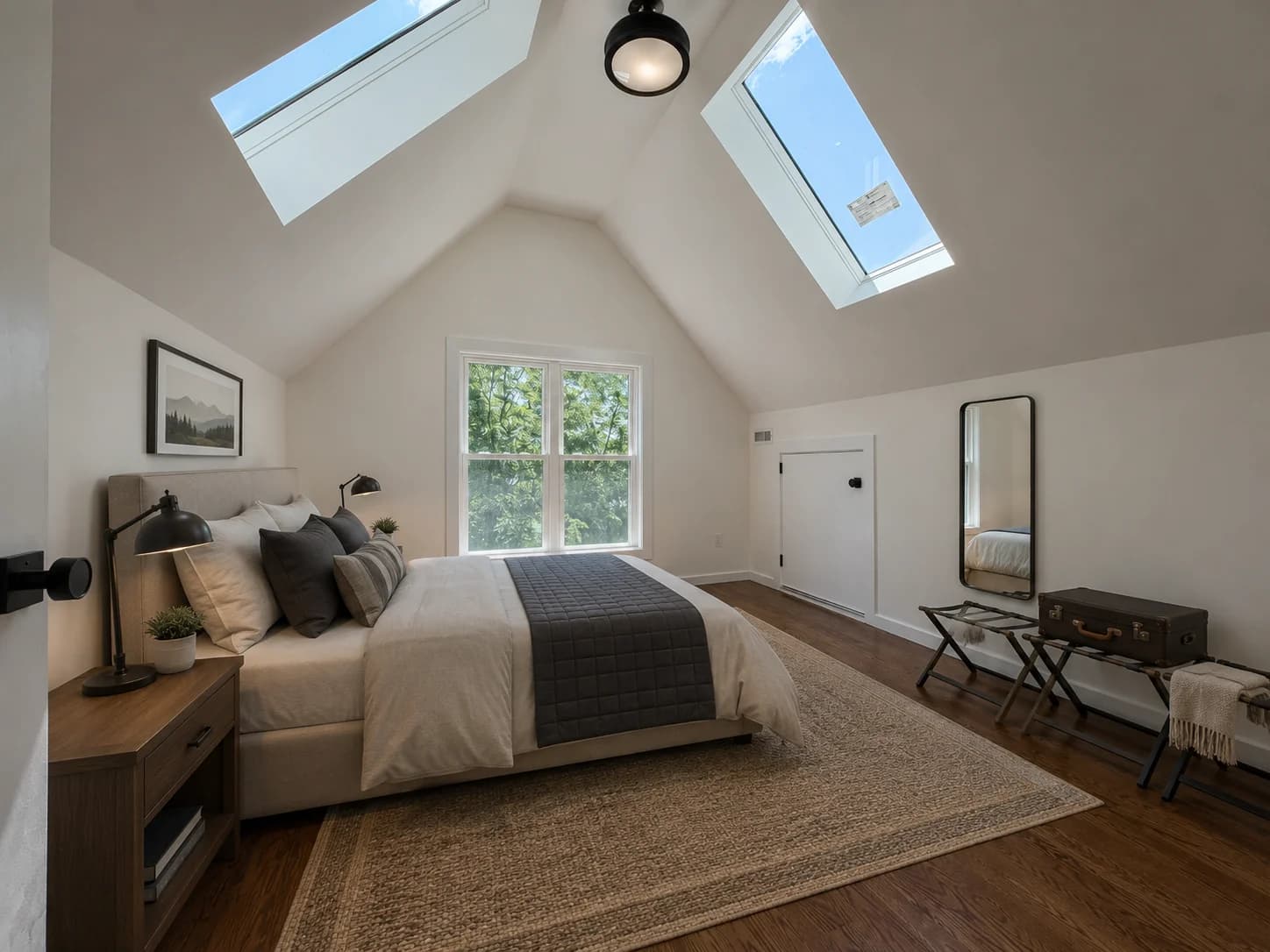 Skylit upper-level bedroom